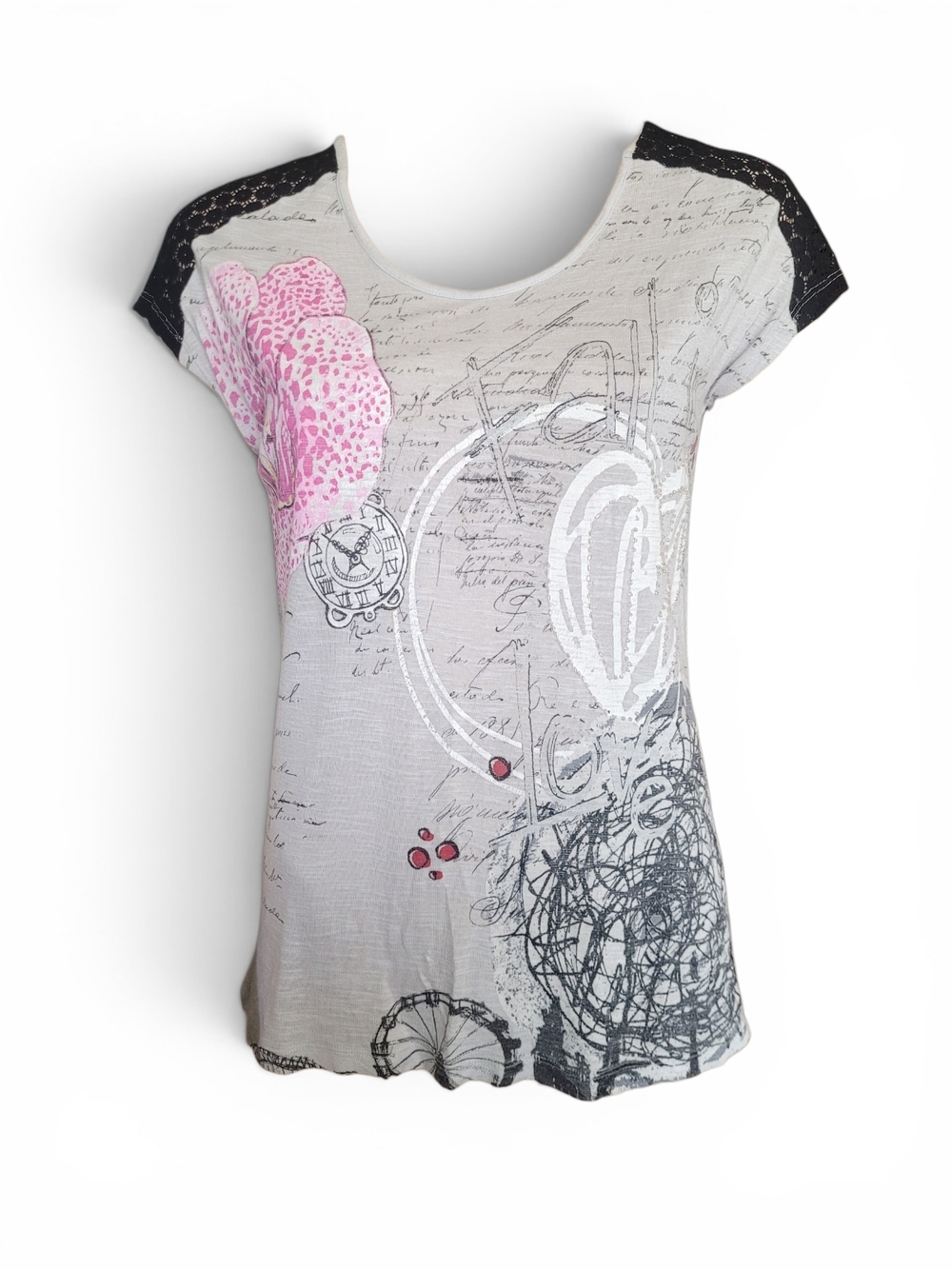 Desigual Embellished Graphic Tee With Lace Grey Pink Black Small